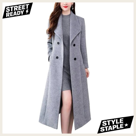 Long Wool Pea Coat Shawl Collar Double Breasted Winter Slim Fit